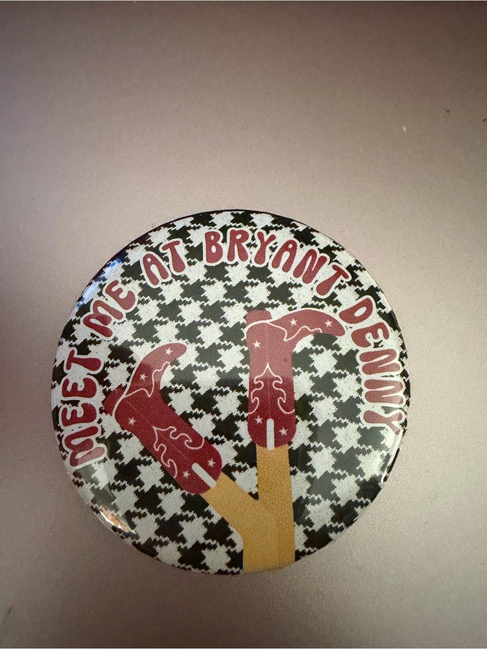 Meet Me at Bryant Denny Round Pin - Red Boots on Houndstooth